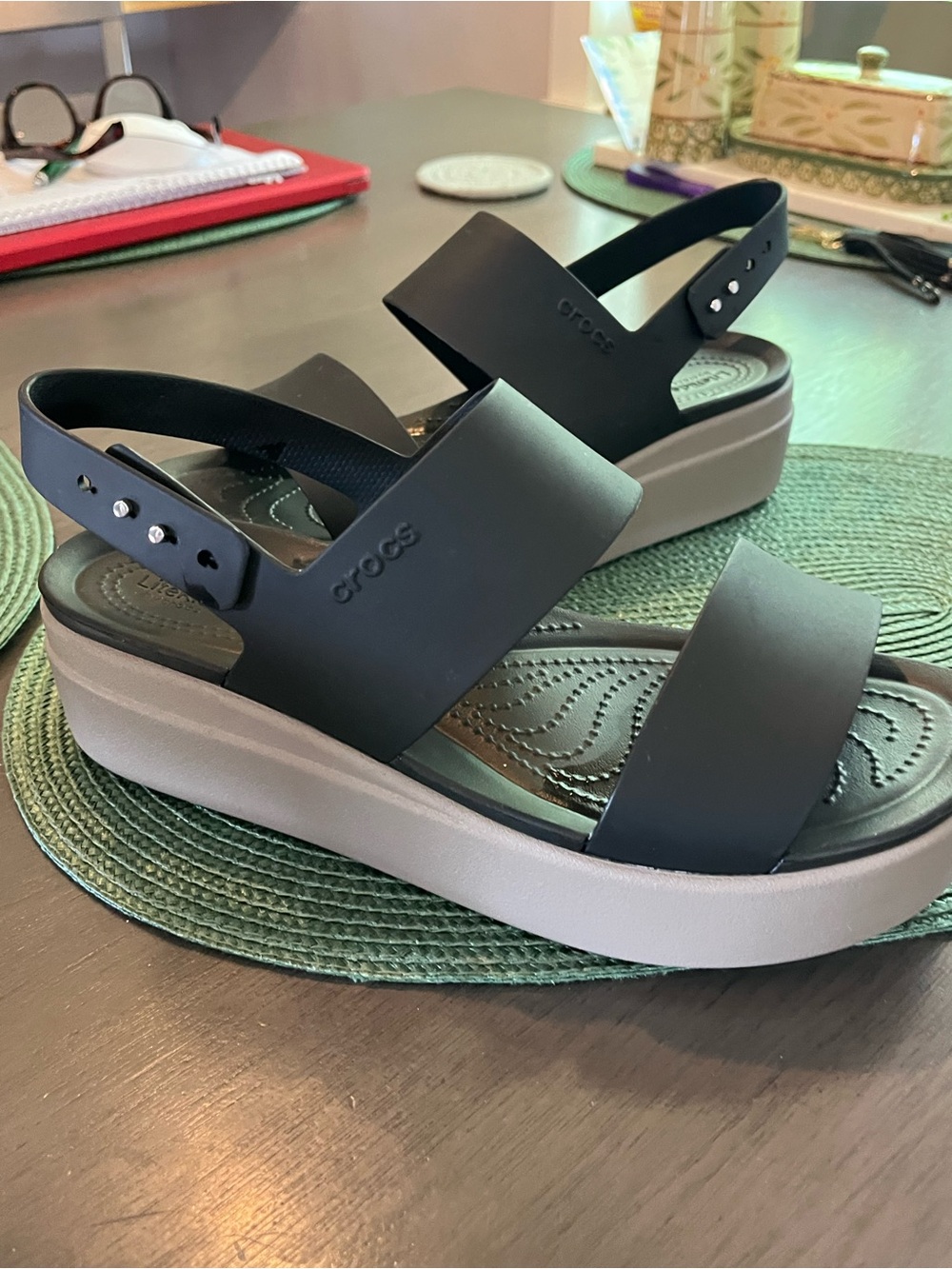 Crocs Women Black / Mushroom Brooklyn Low Wedge Sandals US 10